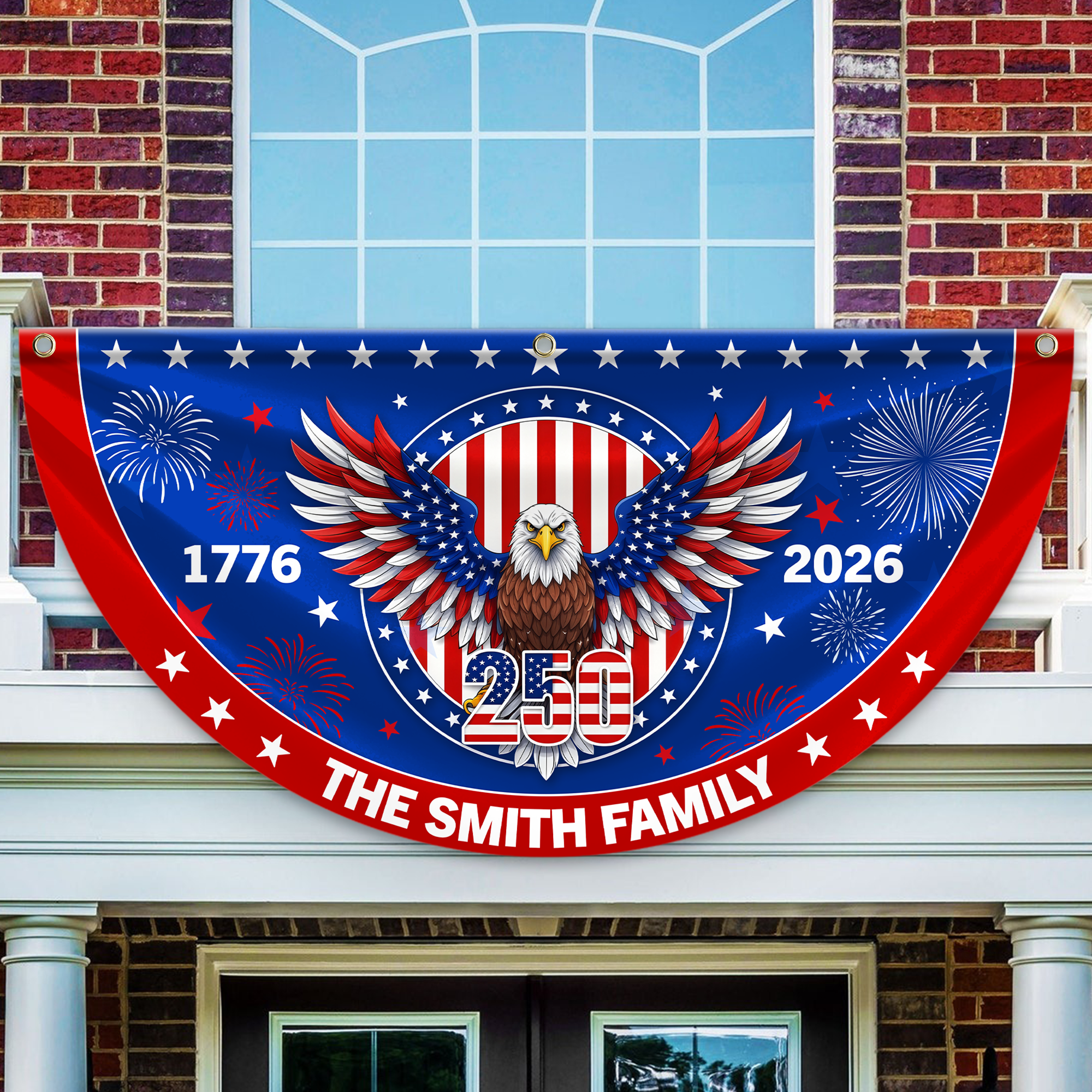 Personalized America 250th Anniversary Bunting Flag Personalized Family Name 1776-2026 250 Years Birthday America Non-Pleated Fan Flag