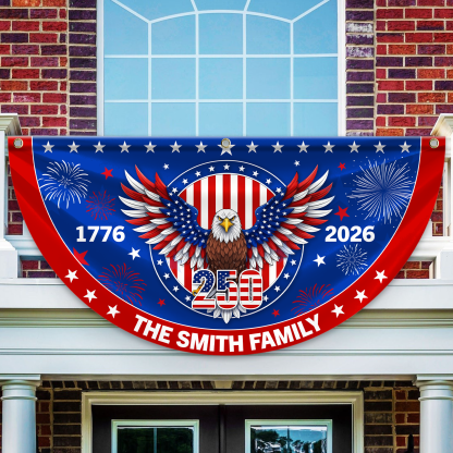 Personalized America 250th Anniversary Bunting Flag Personalized Family Name 1776-2026 250 Years Birthday America Non-Pleated Fan Flag