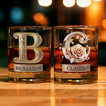 Custom Name Rose Pearl/Embossing Alphabet Wine Glass, 10oz Bourbon Whiskey Old Fashioned Glass, Anniversary/Valentine's Day Gift for Him/Her/Couple