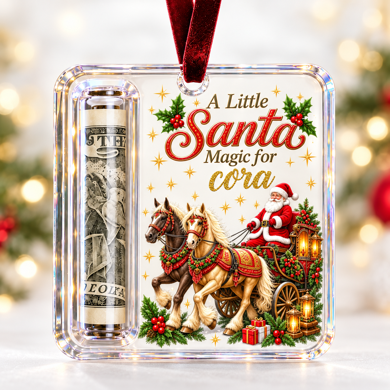 Custom Name Christmas Money Holder Acrylic Ornament, Personalized Xmas Tree Hanging Keepsake Holiday Gift for Family Kids