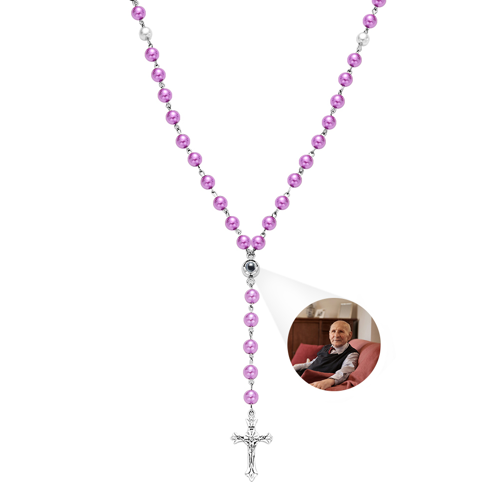 Personalized Photo Projection Multi-Color Rosary Beads Cross Necklace with Photo Memorial Gift for Women
