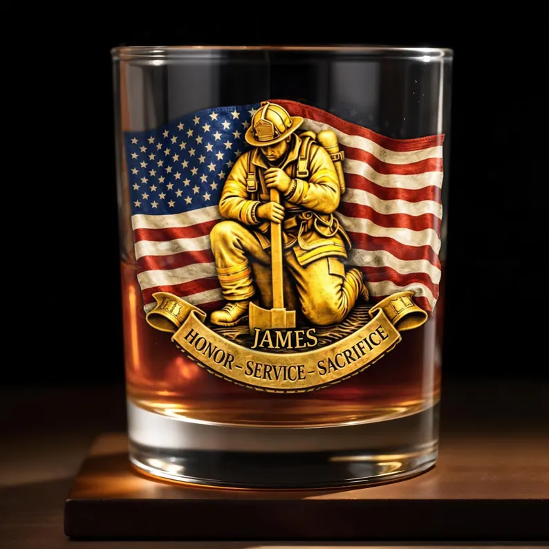 Personalized Firefighter Whiskey Glass 2D Flat, Custom Name Fireman Bourbon Tumbler, Firefighter Gift for Men, Retirement Gift