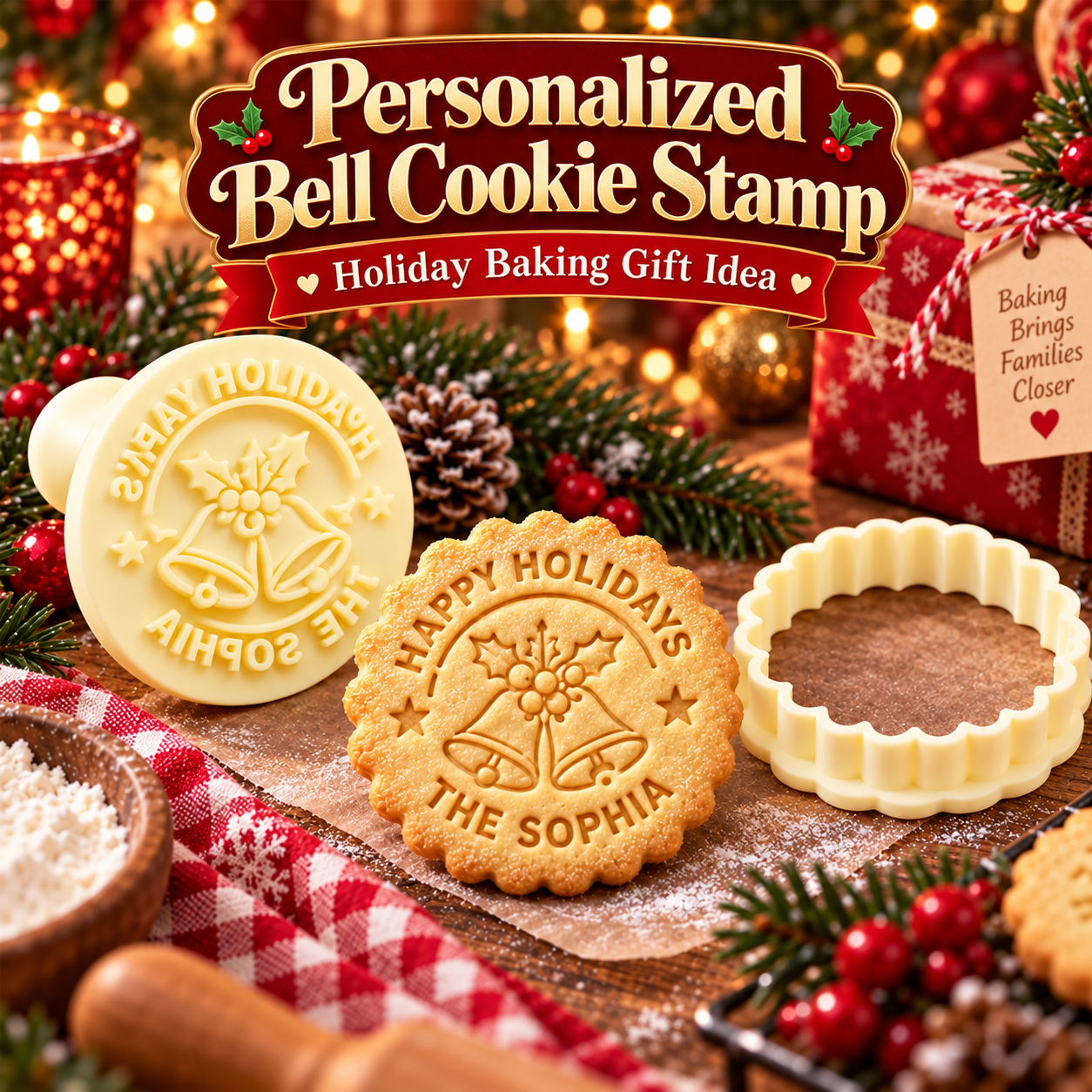 Personalized Bell Cookie Cutter Stamp, Custom Holiday Cookie Press for Christmas Baking Gifts