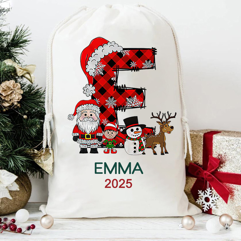 Personalized Christmas Santa Sack with Name & Initial, Custom Gift Bag with Santa Reindeer Snowman, Holiday Present Bag for Kids & Family