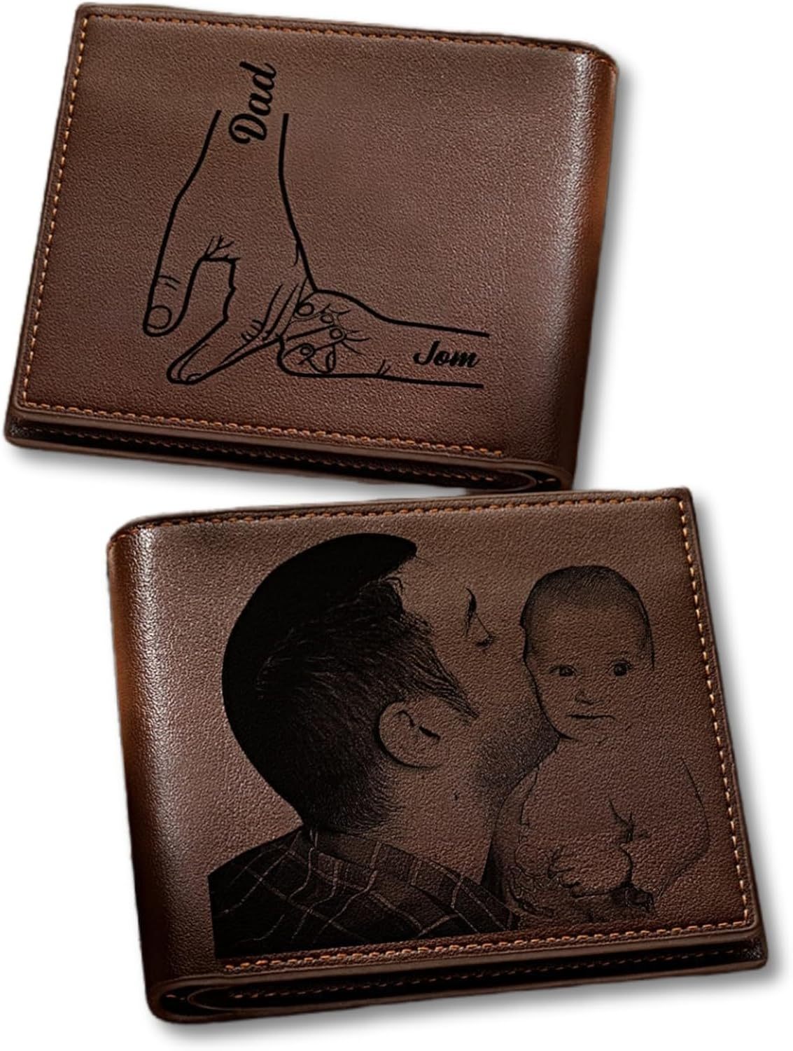 Custom Wallets for Men, Personalized Photo & Name Wallet for Men One Fist Bump Engraved Leather Wallet for Dad Husband Son BF Groomsmen Birthday Anniversary Christmas Father's Day Gifts