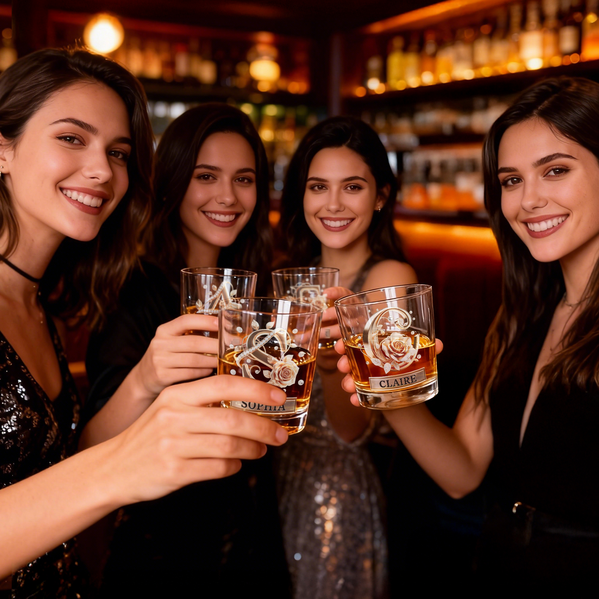 Custom Name Rose Pearl/Embossing Alphabet Wine Glass, 10oz Bourbon Whiskey Old Fashioned Glass, Anniversary/Valentine's Day Gift for Him/Her/Couple
