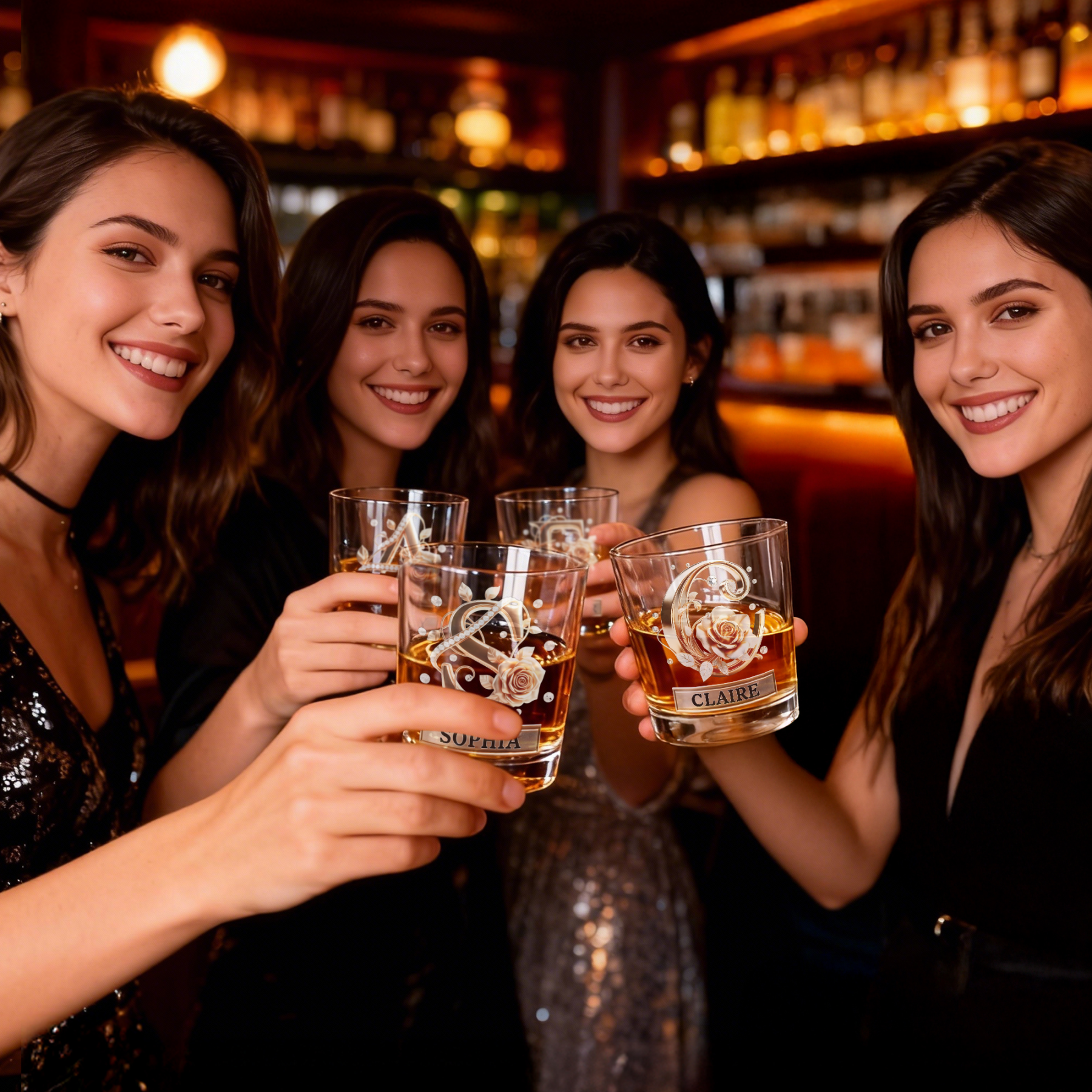 Custom Name Rose Pearl/Embossing Alphabet Wine Glass, 10oz Bourbon Whiskey Old Fashioned Glass, Anniversary/Valentine's Day Gift for Him/Her/Couple