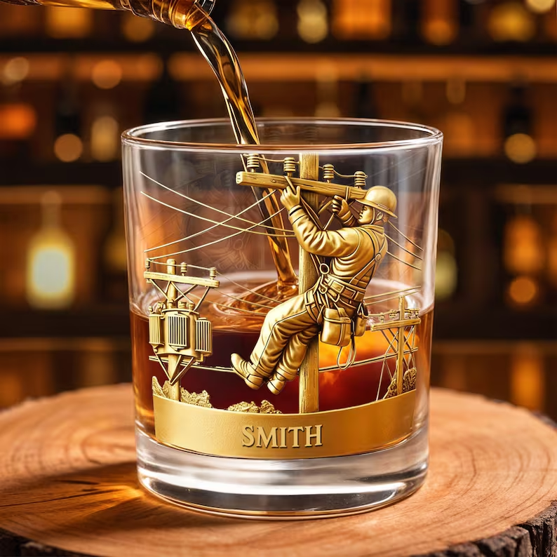 Personalized Lineman Whiskey Glass, Custom Electrician Bourbon Glass, Utility Worker Gift for Men, Power Line Worker Rocks Glass