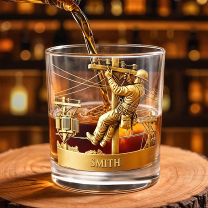 Personalized Lineman Whiskey Glass, Custom Electrician Bourbon Glass, Utility Worker Gift for Men, Power Line Worker Rocks Glass