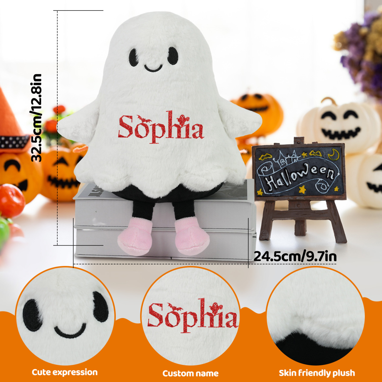 Custom Halloween Ghost Plush, Personalized My First Halloween Stuffed Animal, Soft Ghost Toy Gift for Baby Girls Boys Kids
