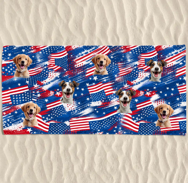 Custom Photo Beach Towel - Personalized 4th Of July, Summer Vacation And Travel Gifts For Dog Cat Lovers, Dog Dad And Mom, Cat Owners - Pawtriotic Summer Vibes