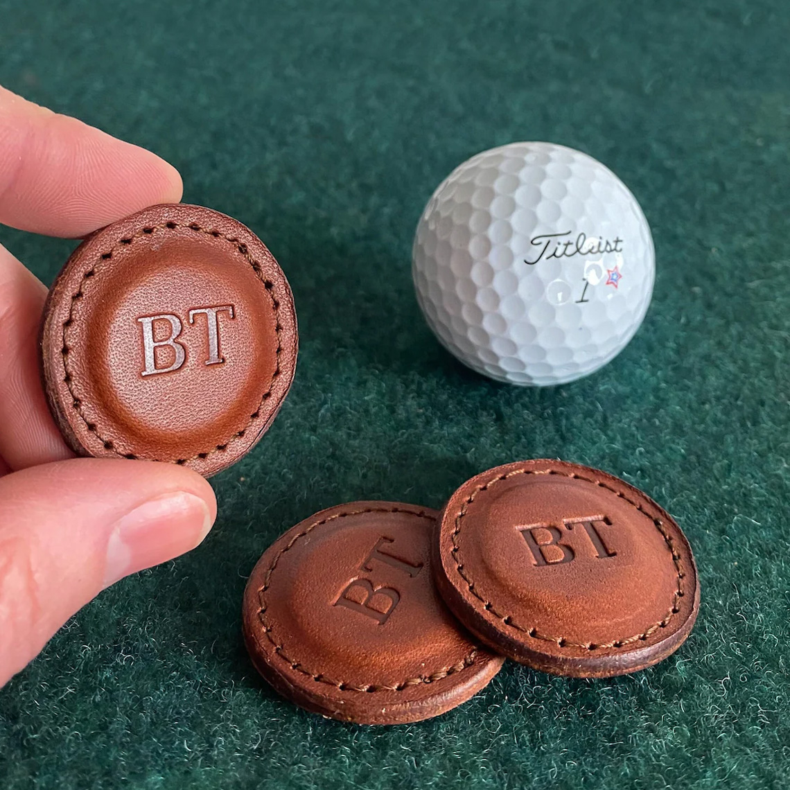 Premium Leather Golf Ball Marker Set of 2, Full Grain Vegetable Tanned Leather, Personalized Golf Gift, Custom Monogram, 1.5" Diameter, Perfect for Golf Lovers