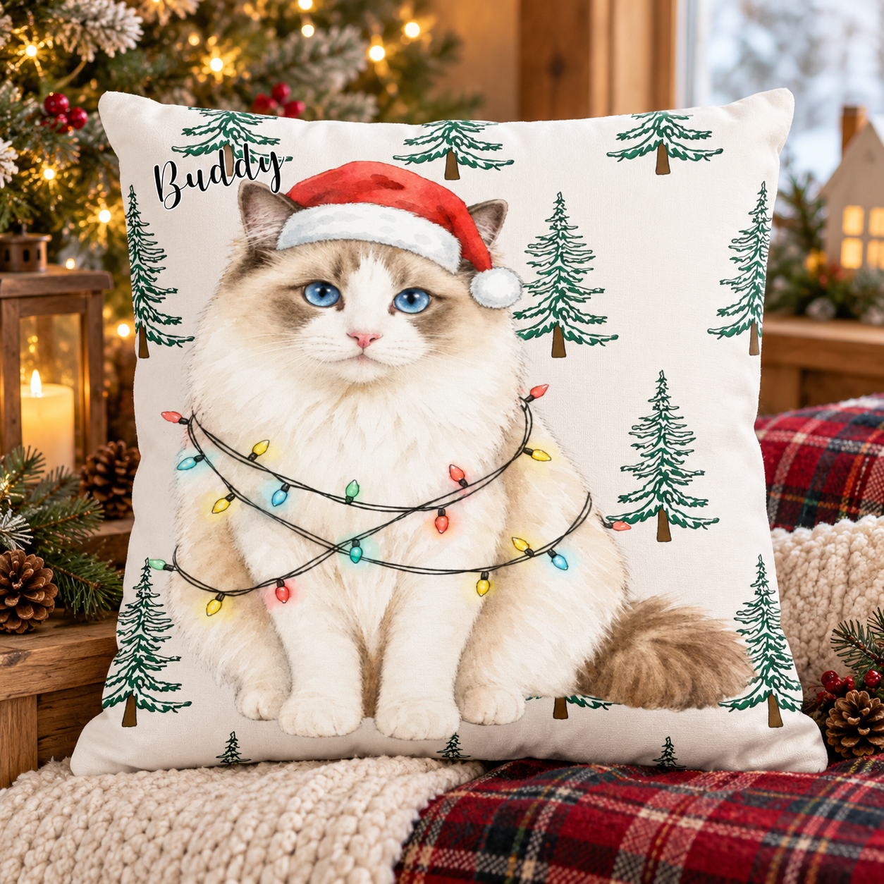 Custom Pet Photo Watercolor Art Christmas Winter Decor Gift - Personalized Pillow