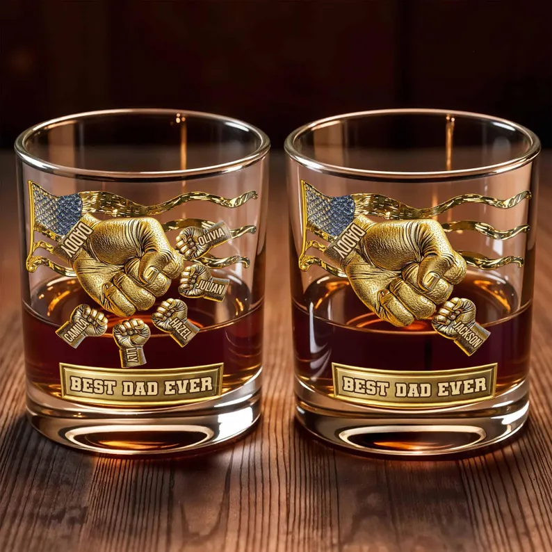 Personalized Best Dad Ever Whiskey Glass 2D Flat, Custom Dad and Kids Fist Bump Bourbon Tumbler, Father's Day Gift from Children