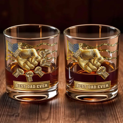 Personalized Best Dad Ever Whiskey Glass 2D Flat, Custom Dad and Kids Fist Bump Bourbon Tumbler, Father's Day Gift from Children