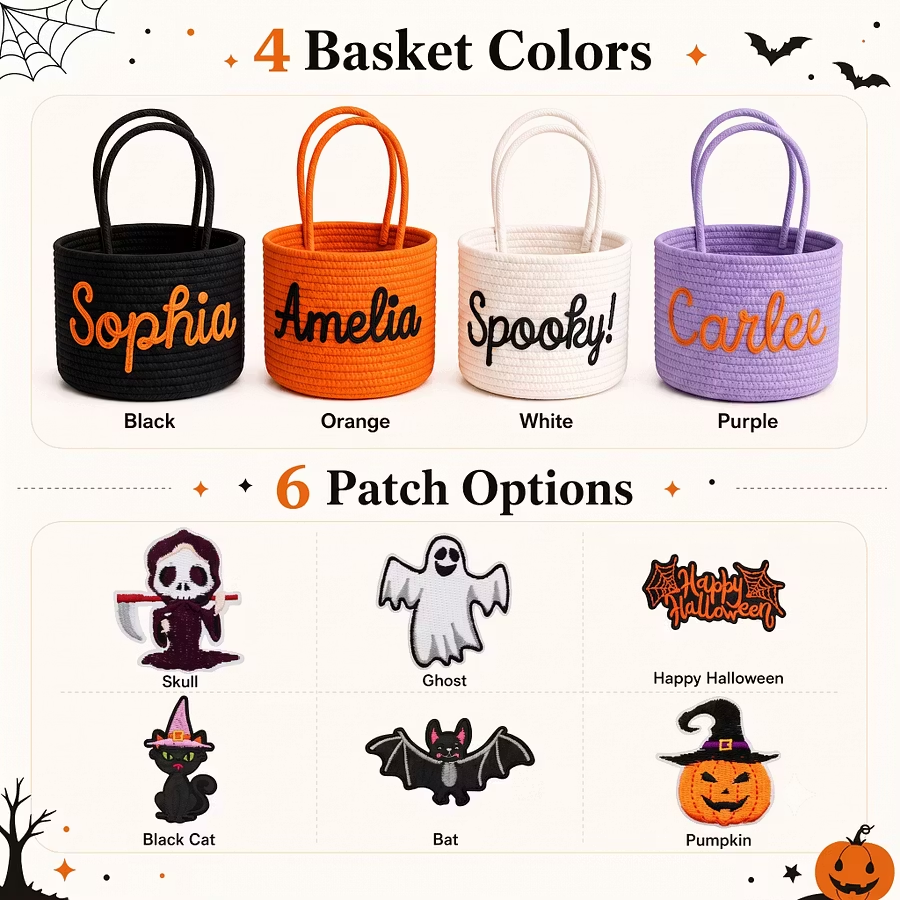 Custom Halloween Basket for Child Personalized Halloween Trick or Treat Bag with Cotton Rope Embroidery Name Customized Kids Woven Halloween Candy Bucket Gifts for Boys Girls