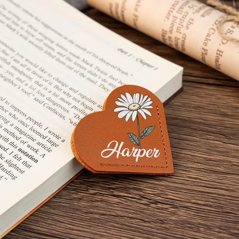 Personalized PU Leather Birth Flower Heart Bookmark with Name Birthday Anniversary Gift for Book Lovers Bookworms