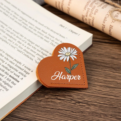 Personalized PU Leather Birth Flower Heart Bookmark with Name Birthday Anniversary Gift for Book Lovers Bookworms