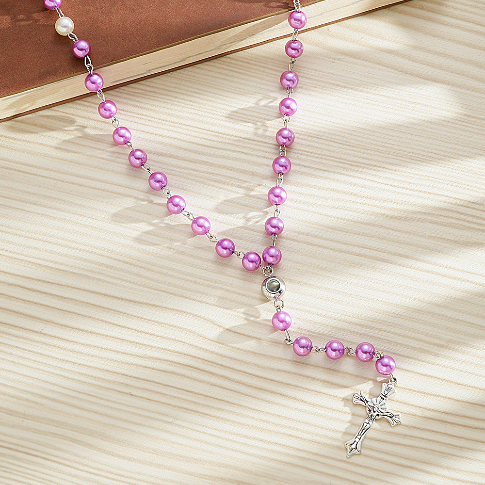 Personalized Photo Projection Multi-Color Rosary Beads Cross Necklace with Photo Memorial Gift for Women
