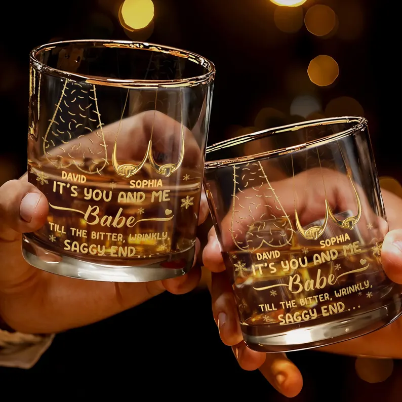 Personalized Couple Whiskey Glass Set, Custom Husband Wife Bourbon Glass, Funny Anniversary Gift, Till The Bitter Wrinkly Saggy End