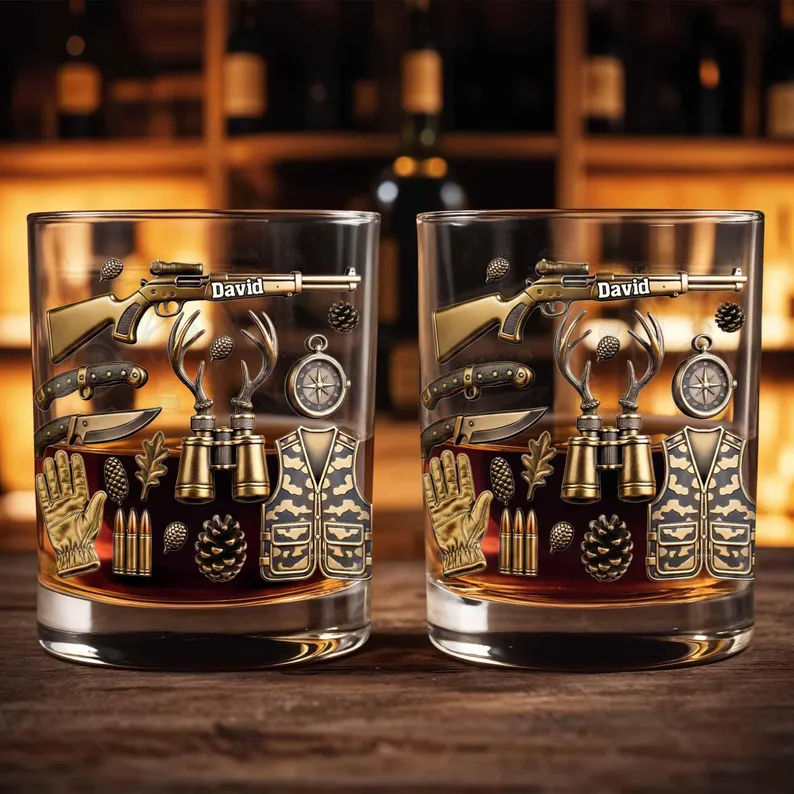 Custom Deer Hunter Whiskey Glass 2D Flat, Personalized Hunting Bourbon Tumbler, Outdoorsman Gift for Men Dad Grandpa with Name