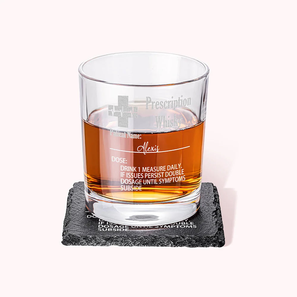 Personalized Funny Prescription Whisky Glasses and Slate Coaster with Laser Engraved Name Father's Day Gift for Him