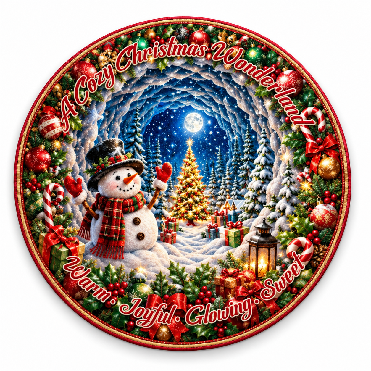 Christmas 3D Vortex Optical Illusion Round Rug Non-Slip Decorative Floor Mat, Winter Snow Forest Deer Snowman Vintage Red Truck Cabin Wreath Pattern, Indoor Holiday Home Decor Gift For Family, Christmas Enthusiasts