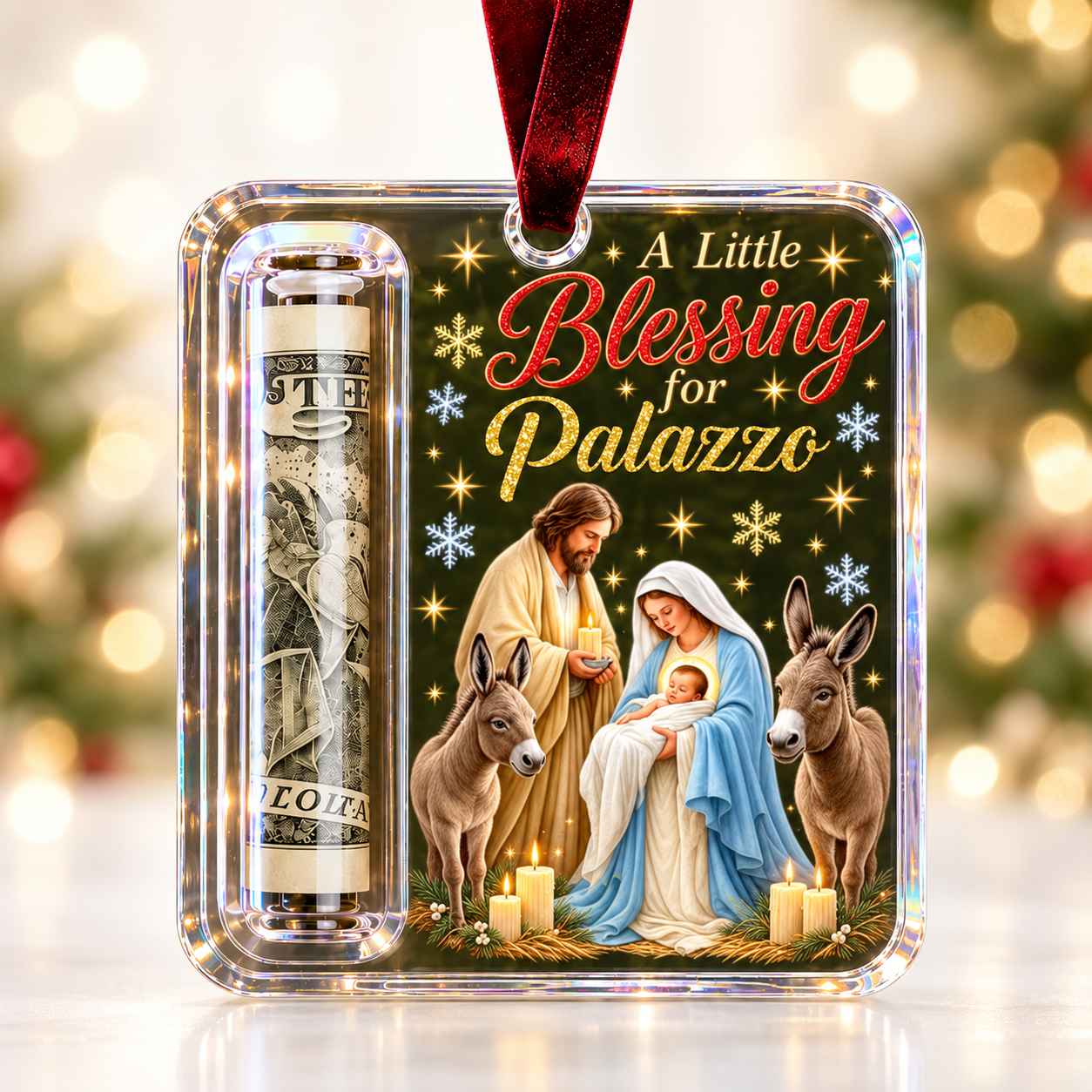 Custom Name Christmas Money Holder Acrylic Ornament, Personalized Xmas Tree Hanging Keepsake Holiday Gift for Family Kids
