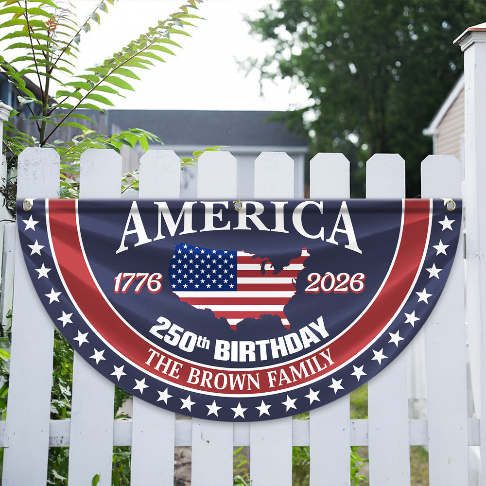 Personalized America 250th Anniversary Bunting Flag Custom Family Name America 250 Birthday 1776-2026 Non-Pleated Fan Flag