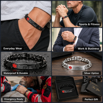 Custom Medical Alert Bracelet for Men, Personalized Diabetes ID Titanium Steel Wristband