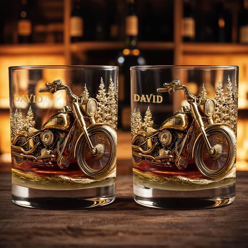 Custom Motorcycle Rider Whiskey Glass, Personalized Biker Bourbon Tumbler, Engraved Name Drinking Glass Gift for Him
