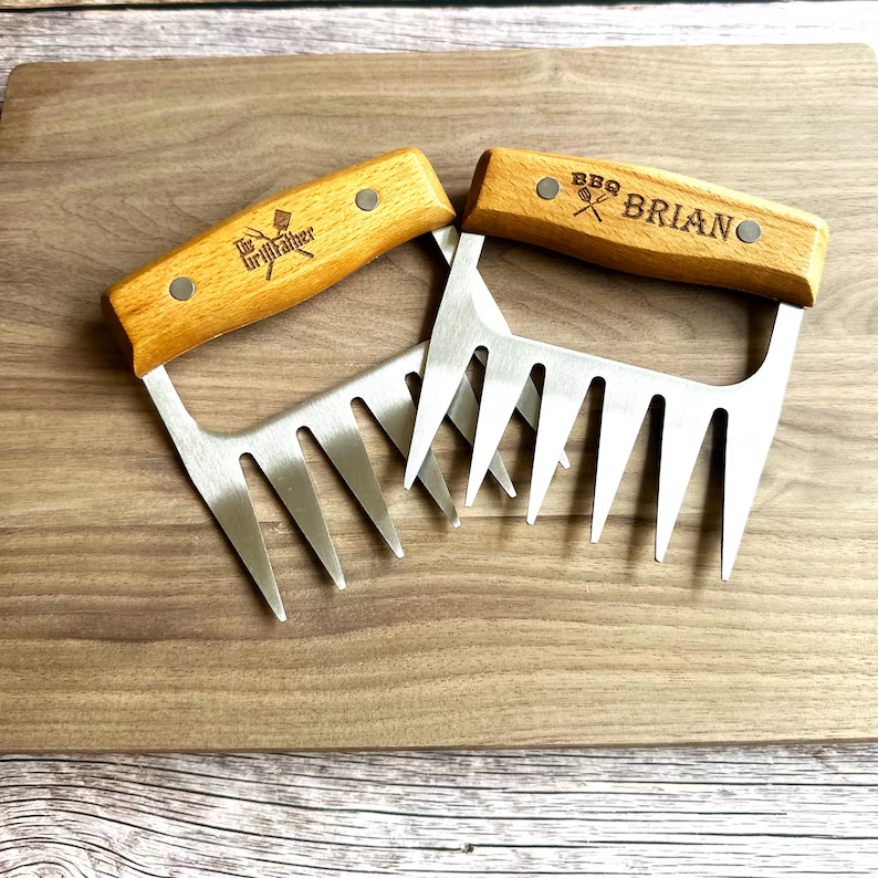 Personalized BBQ Meat Claw Shredders Wooden Barbeque Meat Claws Stainless Steel Tools BBQ Meat Lovers Gift Set of 2 Meat Claws Gift for Him