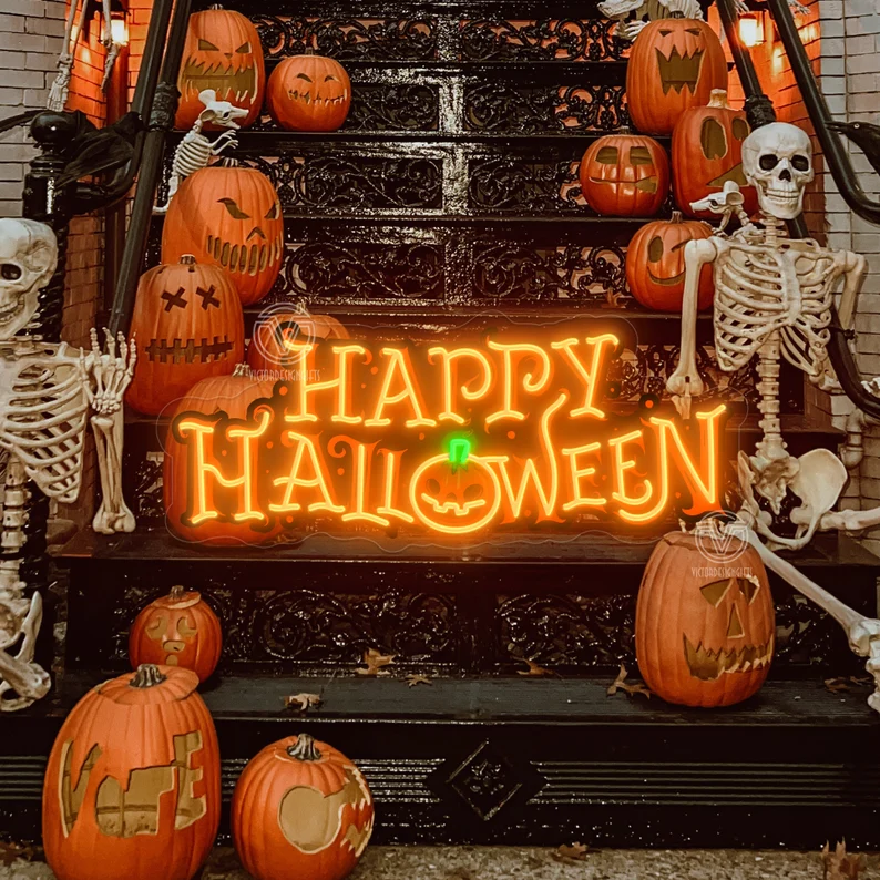 Handmade Neon Happy Halloween Sign, LED Wall Art For Haunted House Or Trick Or Treat Night