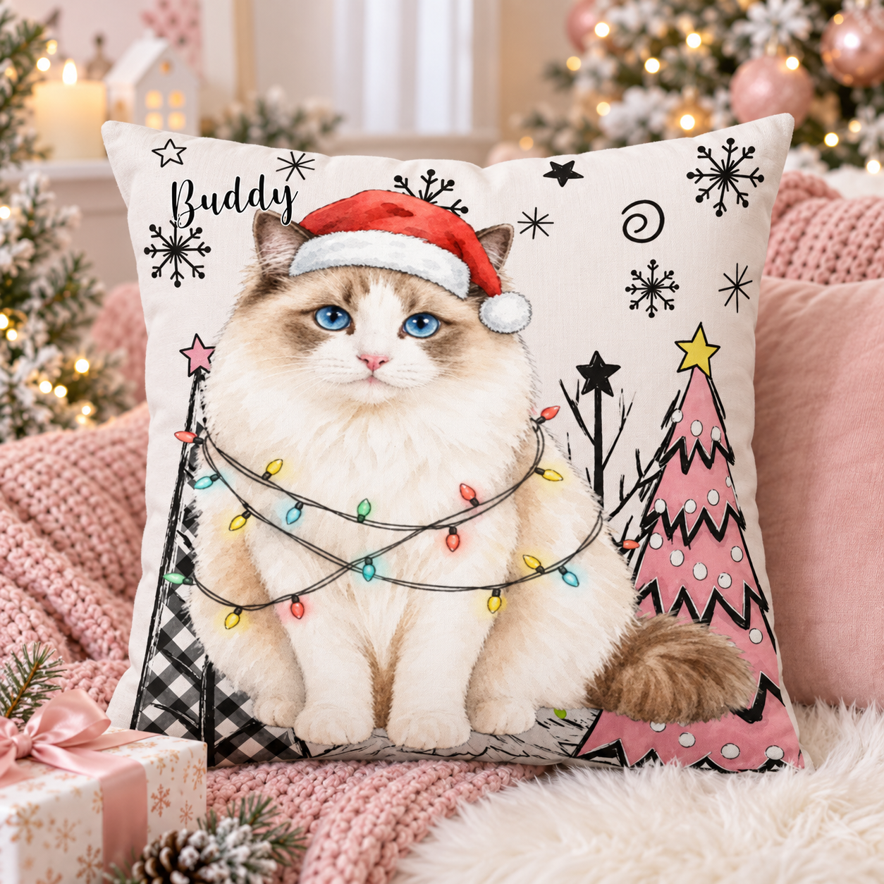 Custom Pet Photo Watercolor Art Christmas Winter Decor Gift - Personalized Pillow