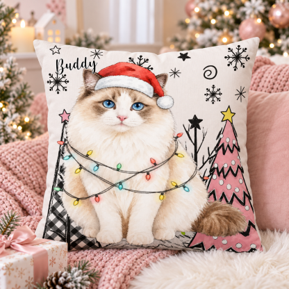 Custom Pet Photo Watercolor Art Christmas Winter Decor Gift - Personalized Pillow