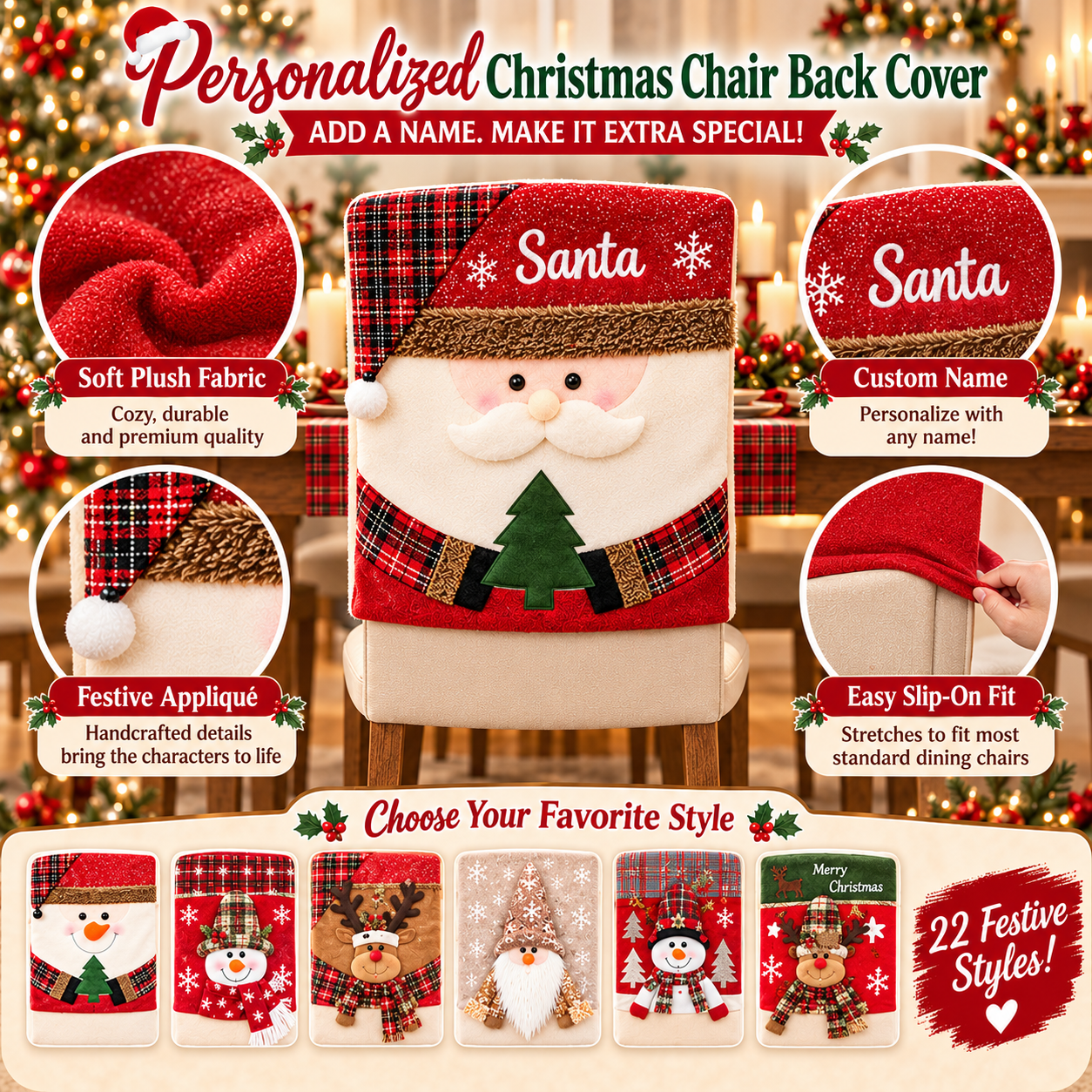 Personalized Christmas Chair Back Cover, Custom Name Santa Hat Slipcover, Gingerbread Gnome Chair Decor, Holiday Gift for Family