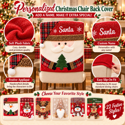 Personalized Christmas Chair Back Cover, Custom Name Santa Hat Slipcover, Gingerbread Gnome Chair Decor, Holiday Gift for Family