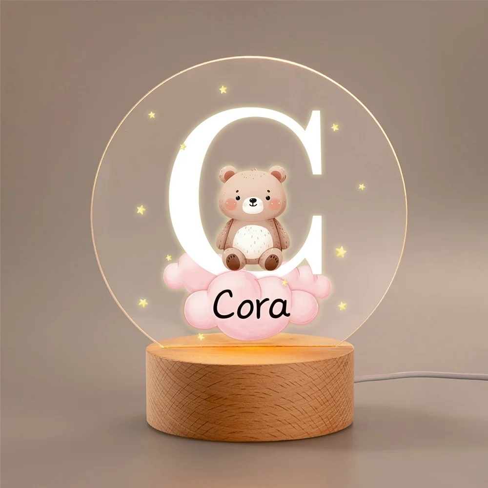 Personalized Fantasy Star Cloud Cute Forest Animal Initial Name LED Night Light with Wooden Base Nursery Decor Birthday Baby Shower Gift for Kids