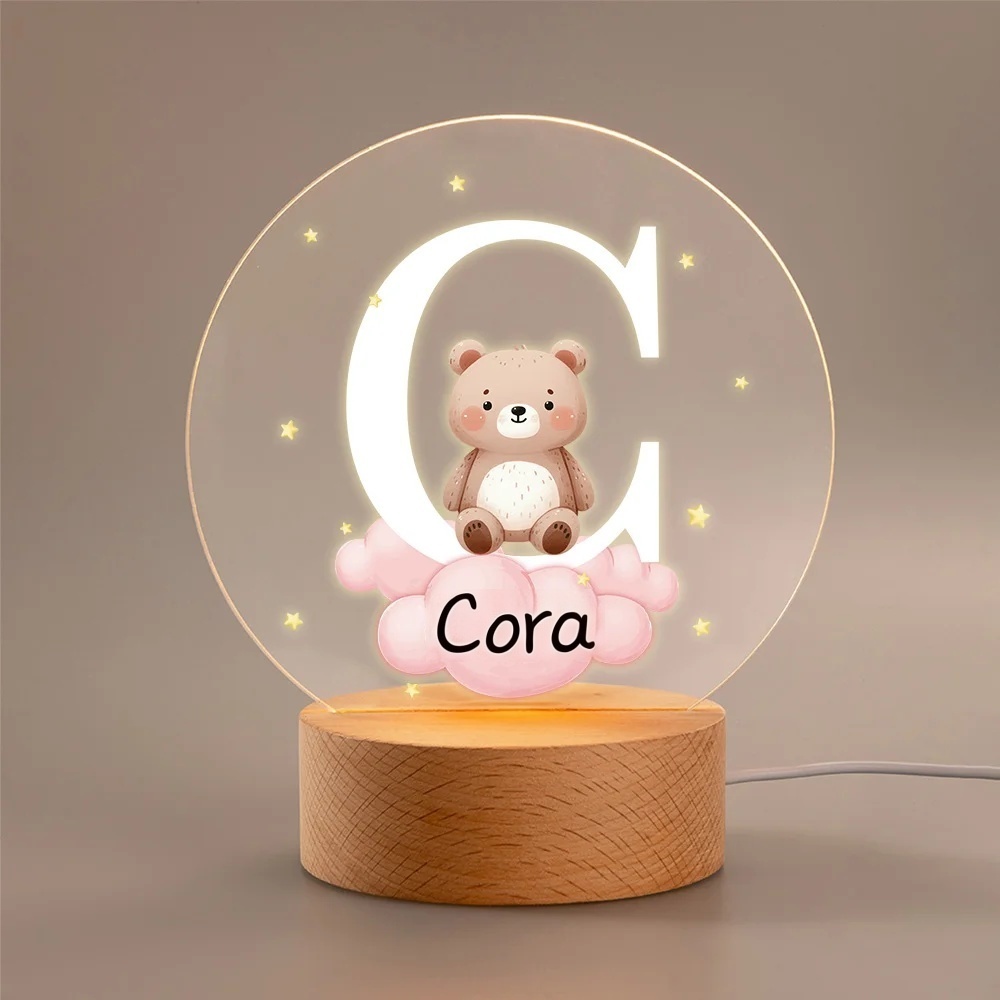 Personalized Fantasy Star Cloud Cute Forest Animal Initial Name LED Night Light with Wooden Base Nursery Decor Birthday Baby Shower Gift for Kids
