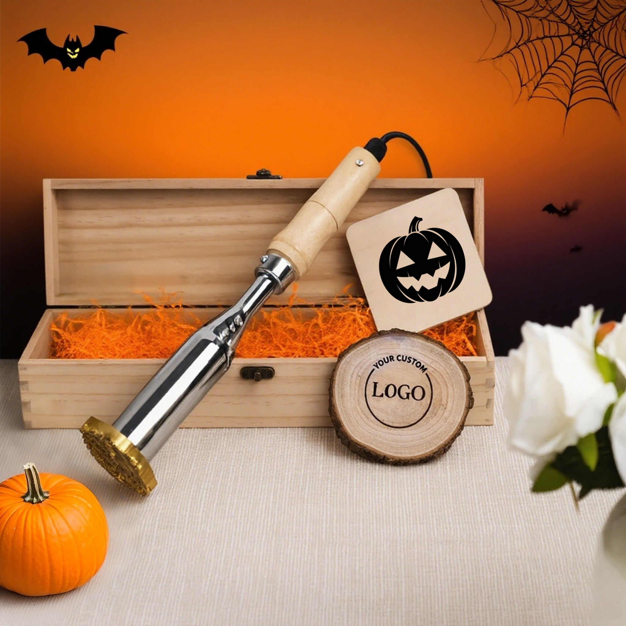 Custom Halloween Branding Iron, Pumpkin and Ghost Stamp, Electric or Non Electric Handle, Perfect Holiday Gift for Makers and Woodworkers