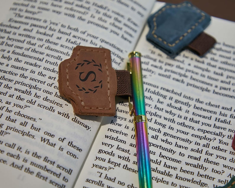 Custom Logo Leather Book Mark with Pen Holder, Engraved Magnetic Bookmark,Leather Magnetic Pen Loop for Notebook,Journal Accessory