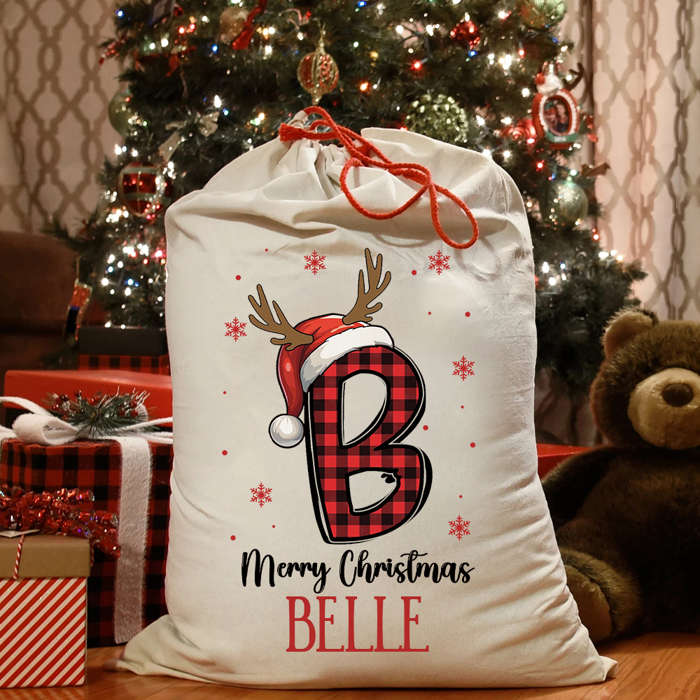 Personalized Plaid Monogram Christmas Santa Sack, Custom Name Gift Bag, Large Xmas Present Sack, Reusable Holiday Santa Bag