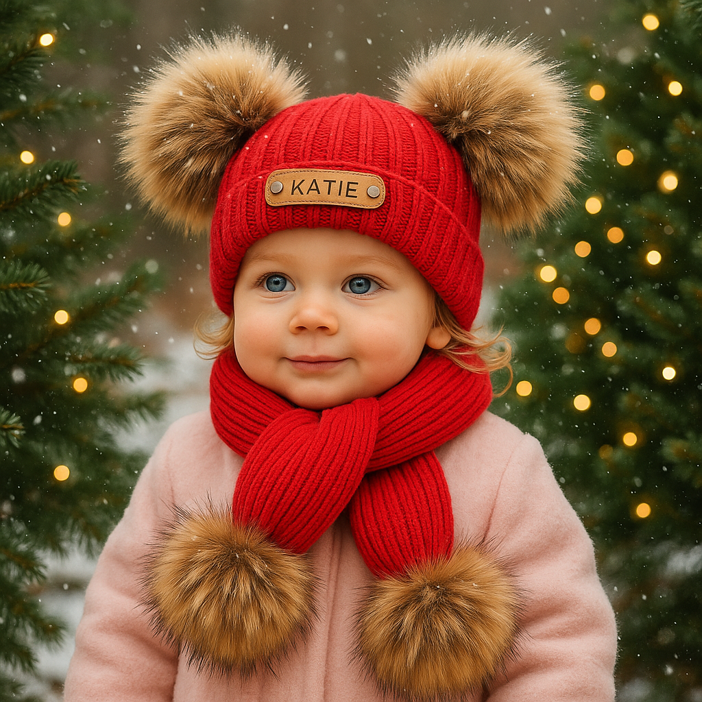 Baby First Christmas Gift Personalized Name Pom Pom Hat Personalized Baby Beanie,Newborn Baby Beanie Hat Toddler Hat Kids Engraved Name Winter Hat
