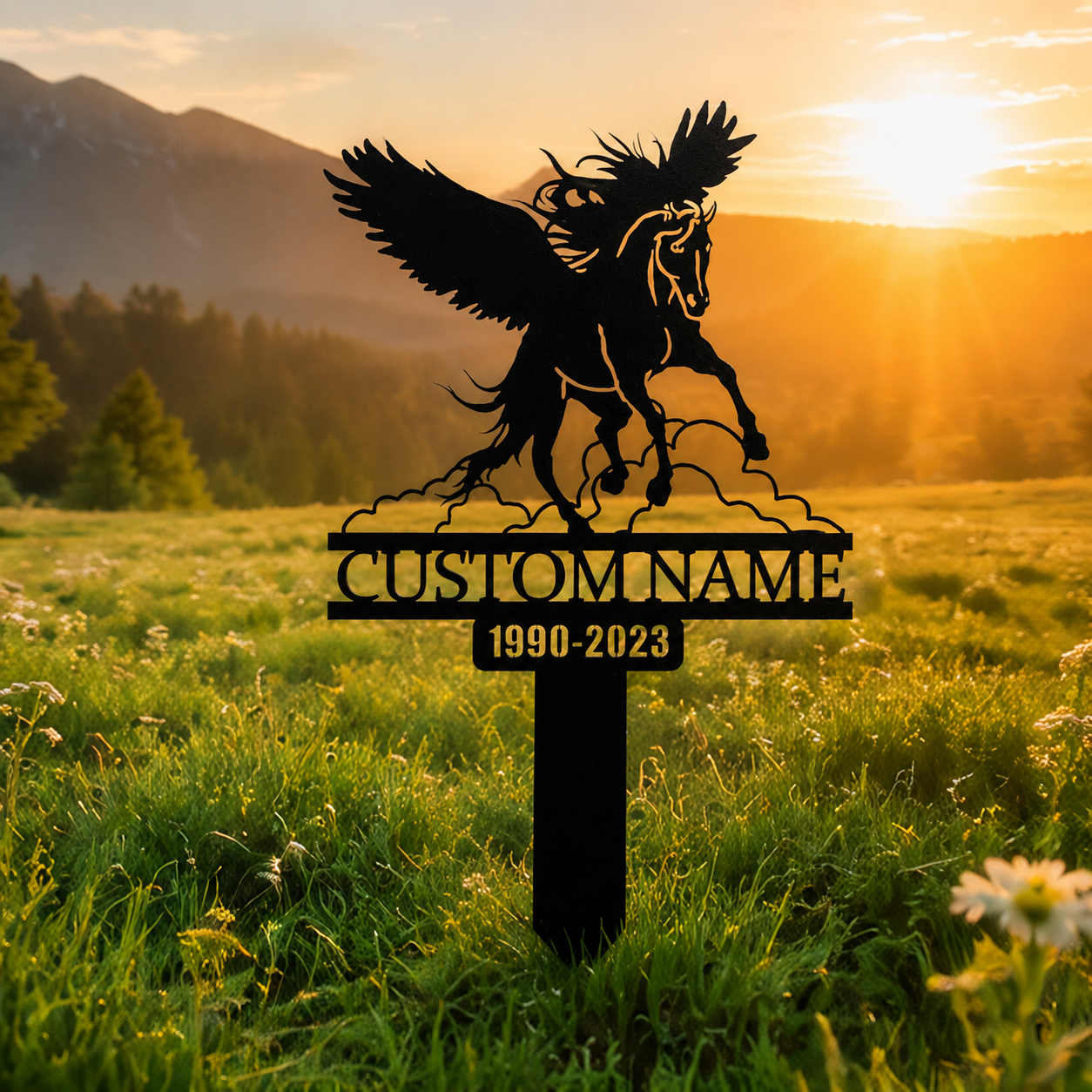 Custom Horse Memorial Stake With Wings, Personalized Horse Memorial Grave Marker Metal Silhouette Garden Decor Yard Sign with Stake, Customized Pet Horse Sympathy Marker