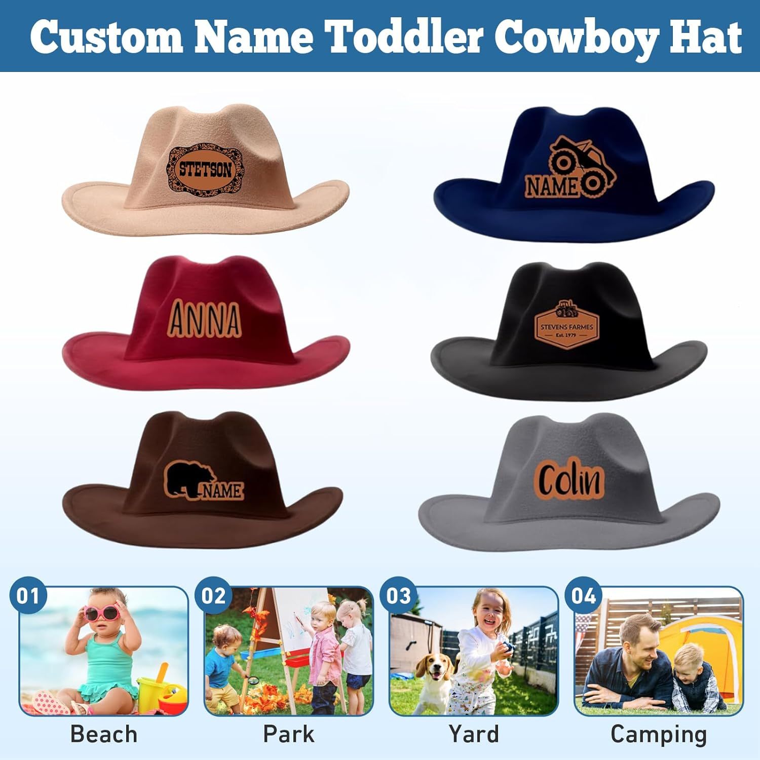 Personalized Toddler Boys Cowboy Hat, 2-8t Kids Western Cowboy Hat, Custom Name Sewn Leather Patch Cowgirl Hat