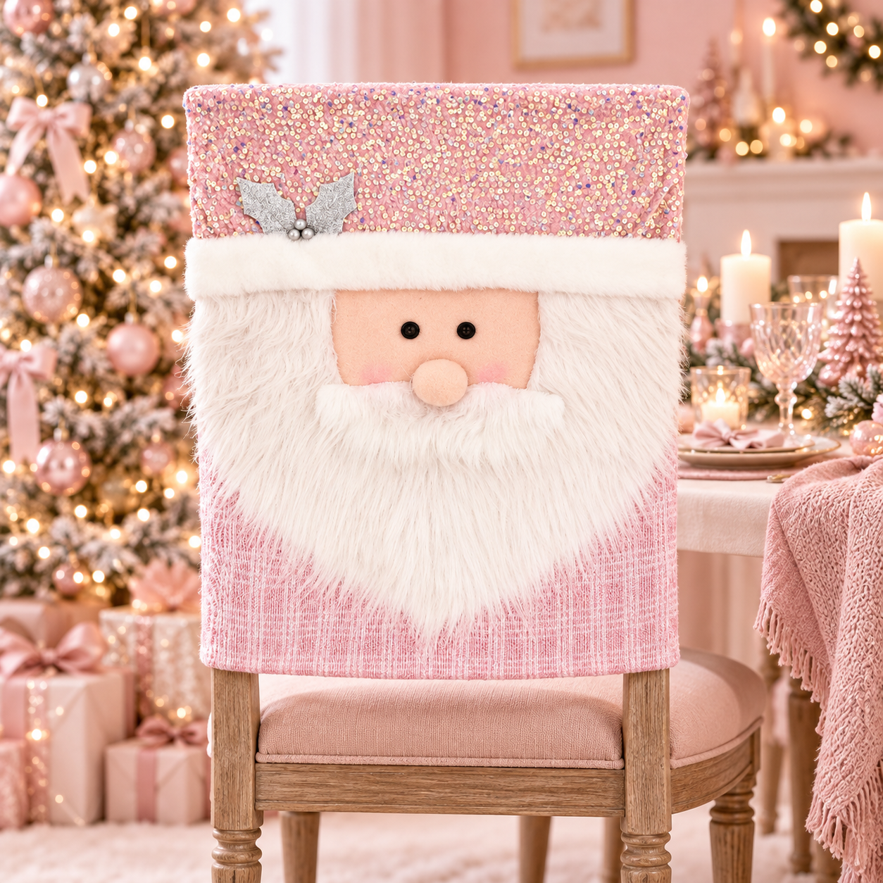 Personalized Christmas Chair Back Cover, Custom Name Santa Hat Slipcover, Gingerbread Gnome Chair Decor, Holiday Gift for Family