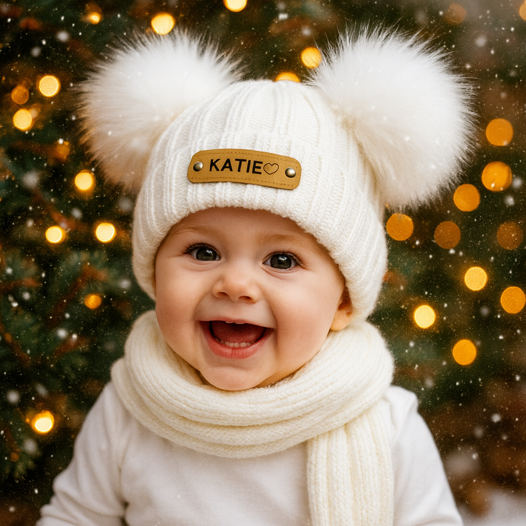 Baby First Christmas Gift Personalized Name Pom Pom Hat Personalized Baby Beanie,Newborn Baby Beanie Hat Toddler Hat Kids Engraved Name Winter Hat