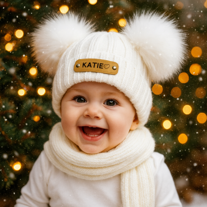 Baby First Christmas Gift Personalized Name Pom Pom Hat Personalized Baby Beanie,Newborn Baby Beanie Hat Toddler Hat Kids Engraved Name Winter Hat