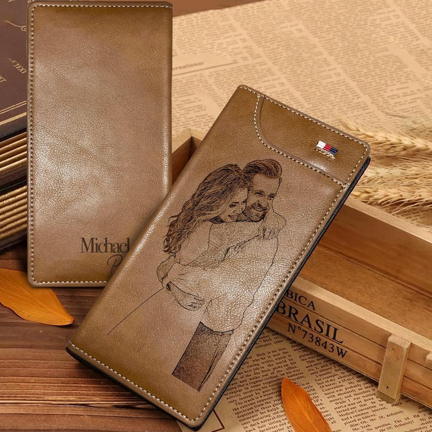 Custom Wallet for Men, Personalized Engraved Men's Wallet, Long Leather Men Wallet with Photo Name for Anniversary Birthday Wedding, Personalized Gifts for Him Dad Husband Groomsman Boyfriend
