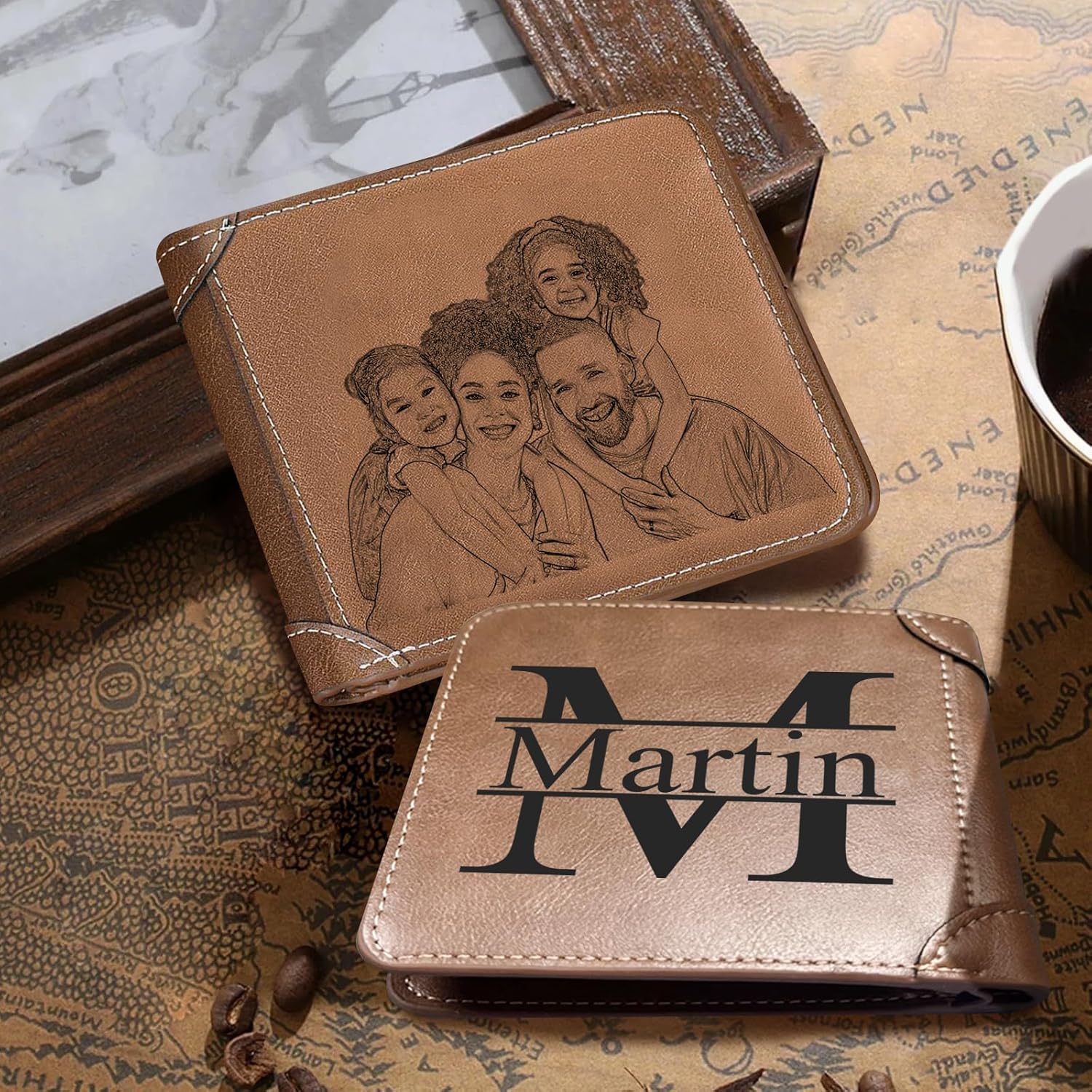 Personalized Photo Wallets for Men, Custom Name Mens Wallets for Him Boyfriend Husband Dad Men, Personalized Gifts Engraved Photo Name Text Wallets for Birthday Anniversary